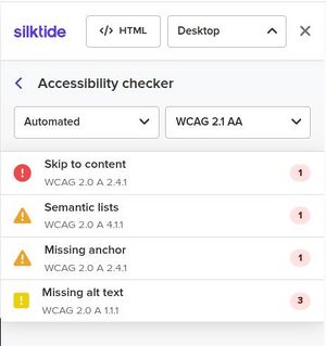 Silktide-Testergebnis für Portlet-Seite