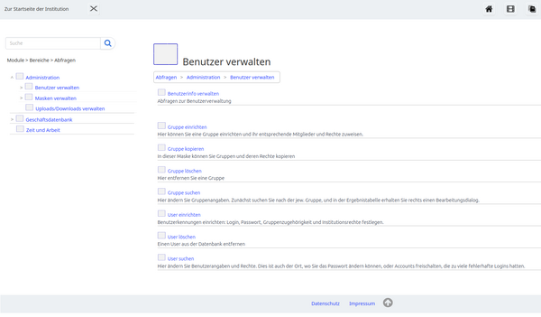 Themenbaum-Menü zur Userverwaltung