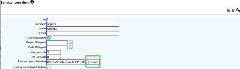 Maske User bearbeiten Passwort